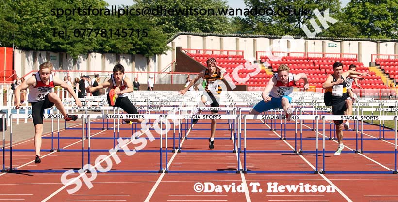 439 Miles McGrady (Gateshead) wins the under-17 mens 100 metres hurdles from 435 Alex Roney (Gateshead) at the North Eastern Championships, Gateshead International Stadium.  Photos: David T. Hewitson/Sports for All Pics